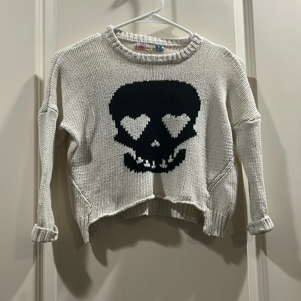 Vintage Havana Knit Skull cropped Sweater Crewneck cuffed 3/4 sleeves size M